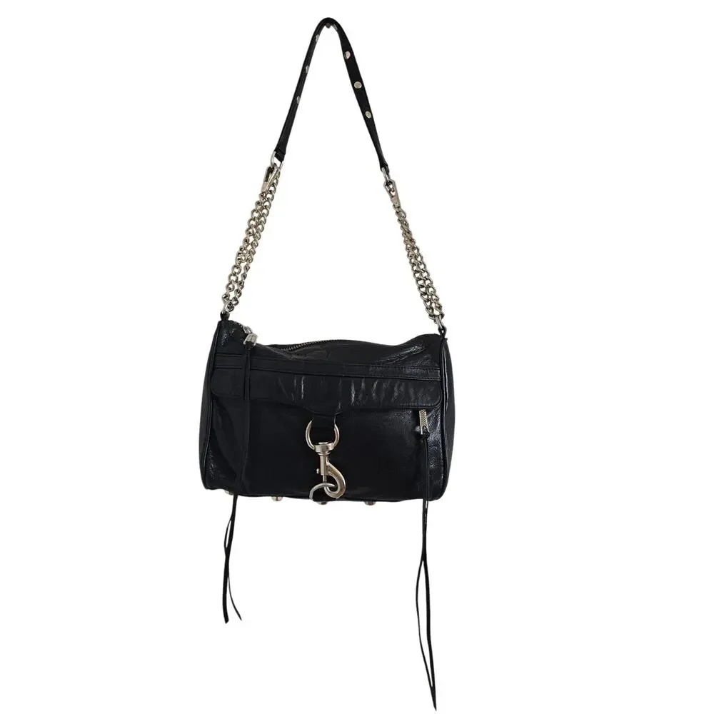 Rebecca Minkoff Black Leather Chain-Link Crossbody Bag Studs Tassel M.A.C